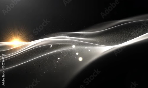 Abstract flowing lines with a bright light source, scattered with white sparkles, on dark backdrop.