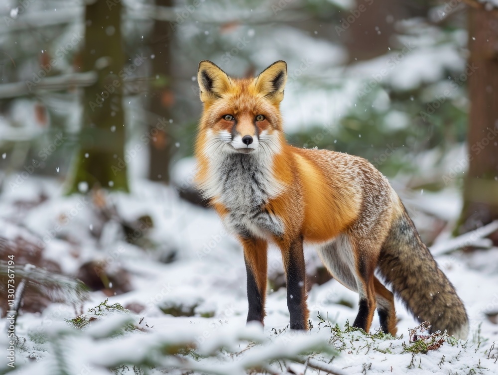 Red Fox Standing Gracefully in a Snowy Forest During Winter Season Red Fox Standing Gracefully in a Snowy Forest During Winter Season