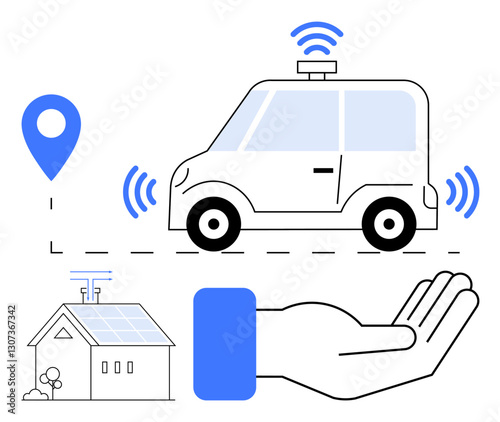 Autonomous car with sensors, connected smart home with solar panels, hand symbol for accessibility. Ideal for innovative technology, sustainability, mobility, IoT, remote control, renewable energy