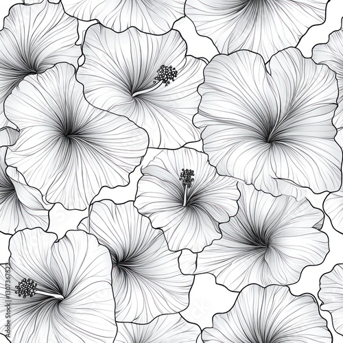 Seamless pattern of hibiscus flowers in line art style.