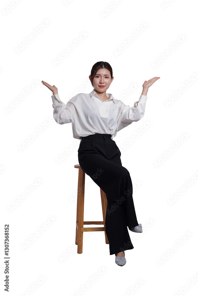 Asian girl in office clothes posing with chair Asian girl in office clothes posing with chair
