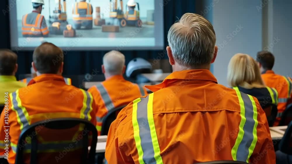 Business training session, employees watching presentation, modern meeting room, for safety training resources Business training session, employees watching presentation, modern meeting room, for safety training resources