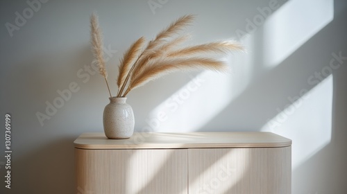 Scandinavian soft edge wooden sideboard with pampas grass against a minimalist background in warm neutral tones