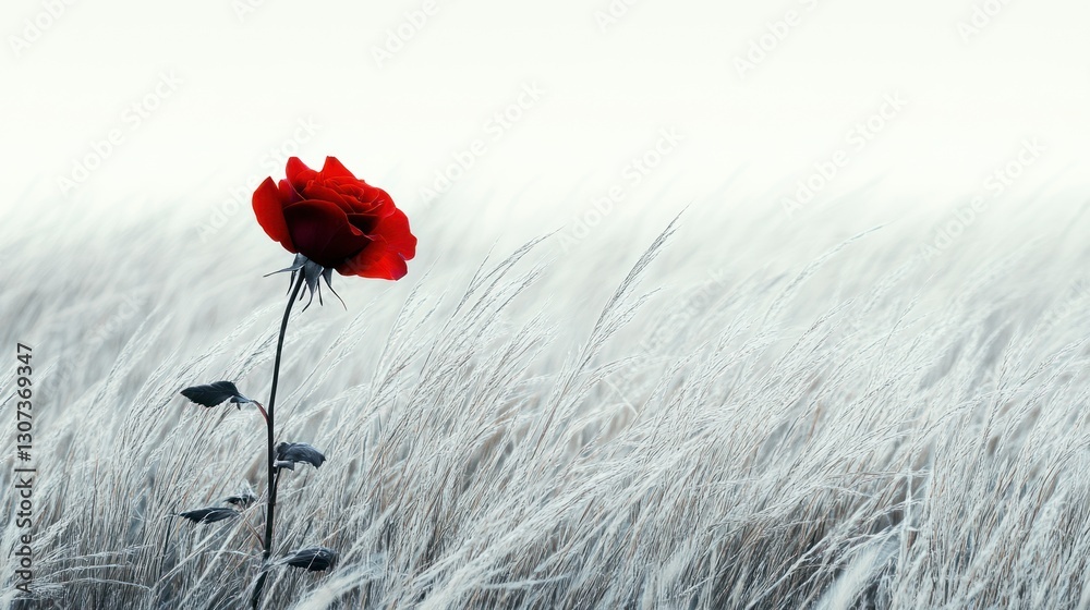 Naklejka premium Single red rose in a field of tall grass.