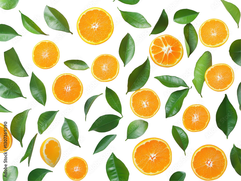 Isolated Fresh Orange Slices and Leaves on White Isolated Fresh Orange Slices and Leaves on White