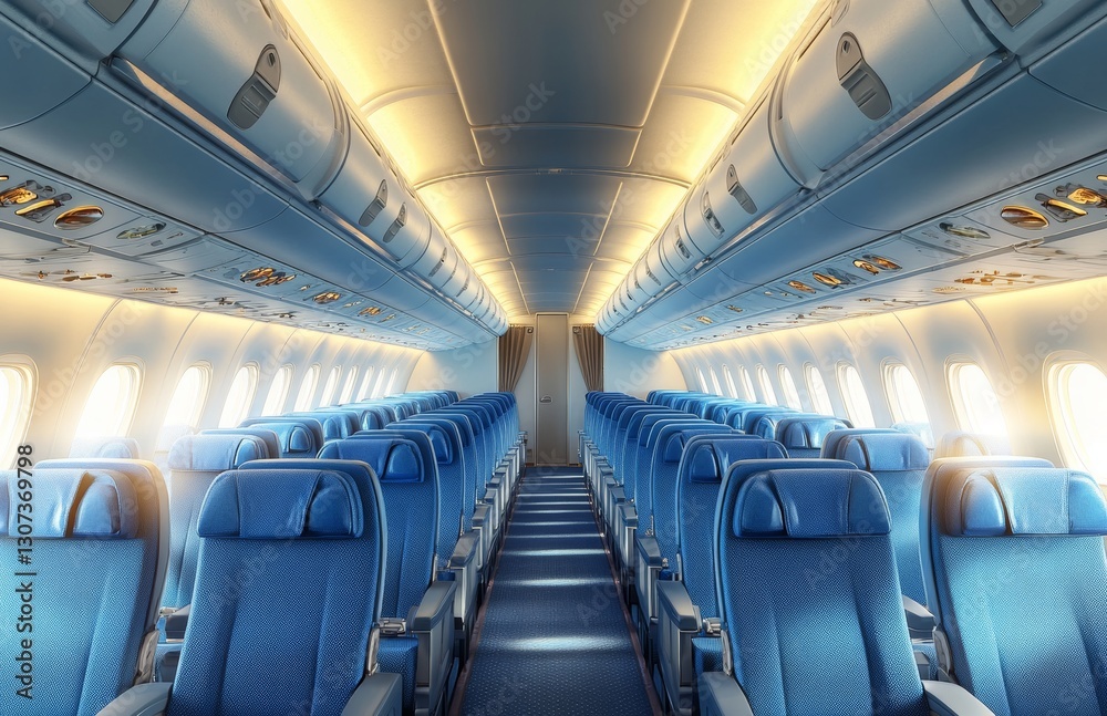 Obraz premium The empty cabin of the aircraft, with its comfortable seats, underscores a spacious interior design that enhances modern air travel comfort. The modern plane interior boasts blue seats with white