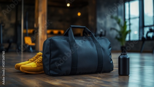 A black gym bag with yellow athletic shoes and a water bottle on a wooden floor in a fitness club. Athlete's gear set for exercise. Personal fitness equipment. Pursuing a healthy lifestyle. Active