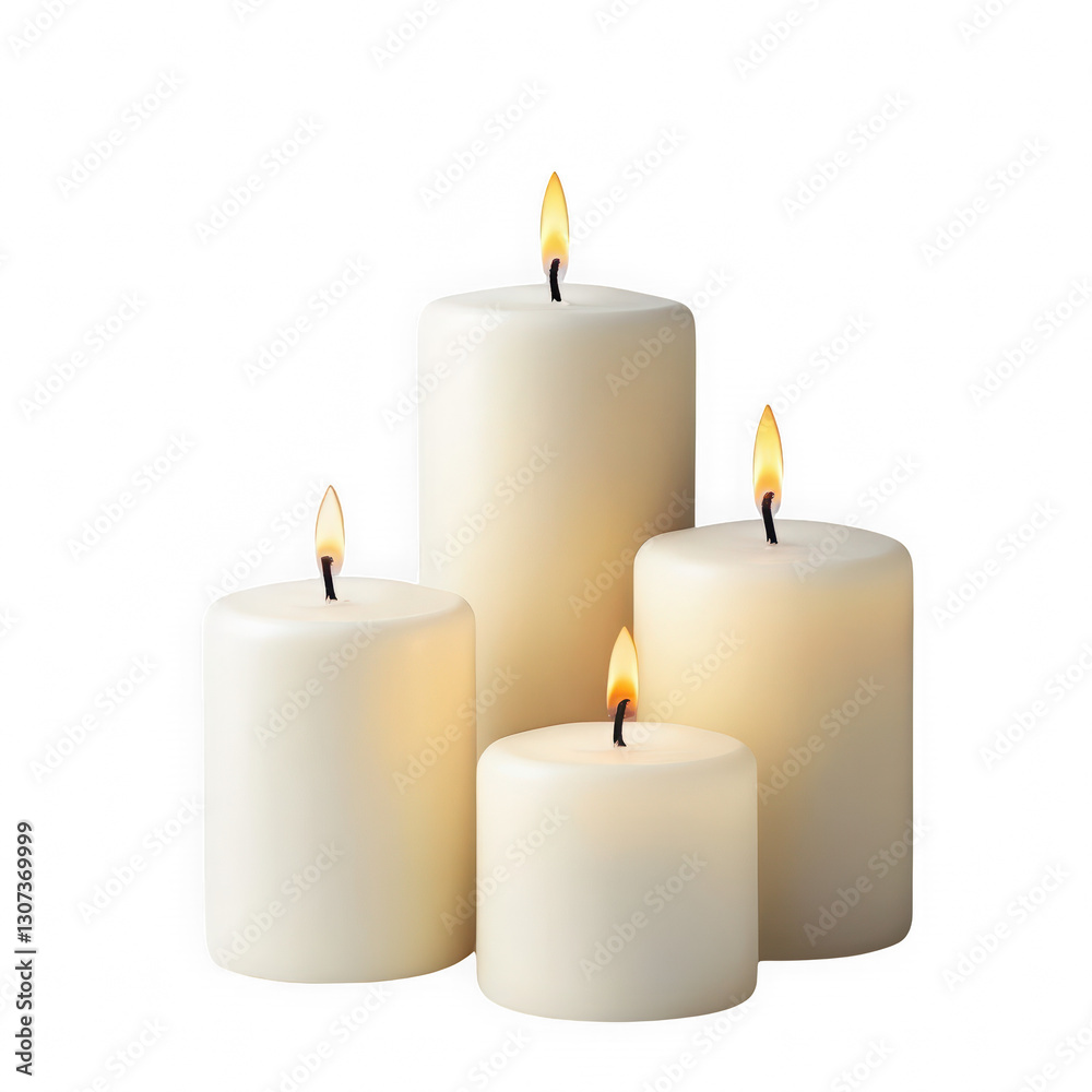 Three candles with soft flames. Isolated on transparent background, PNG. Three candles with soft flames. Isolated on transparent background, PNG.