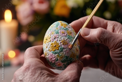 Intricate floral artistry emerges as hands delicately paint a colorful Easter egg in a serene candlelit setting photo