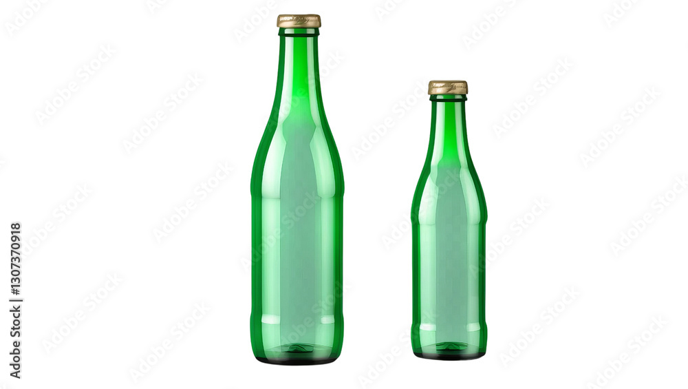 Two Green Glass Bottles of Different Sizes on White Background Two Green Glass Bottles of Different Sizes on White Background