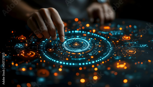 Hands Interacting with Glowing Circular Digital Interface