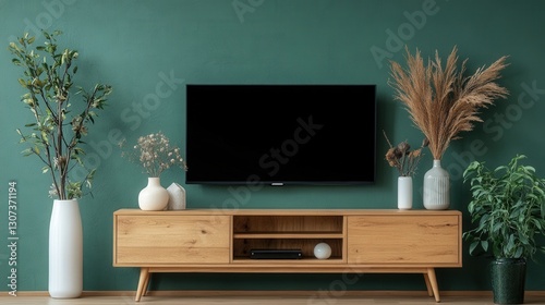 Elegant, light-wooden TV stand with a sleek rectangular design; features a smooth top and sturdy four-legged base. Close-up view highlights its polished craftsmanship photo