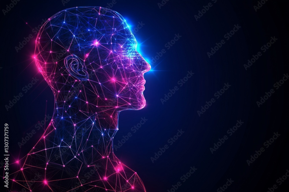 Abstract Visualization of the Human Mind with Bright Lights - The picture features a digital representation of a human head, made up of colorful dots and lines resembling a neural network. Abstract Visualization of the Human Mind with Bright Lights - The picture features a digital representation of a human head, made up of colorful dots and lines resembling a neural network.