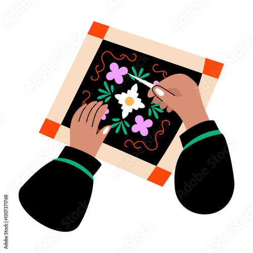 A flat illustration depicting floral embroidery process