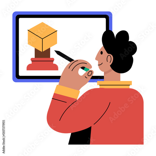 Character working on a 3d modelling software, flat illustration