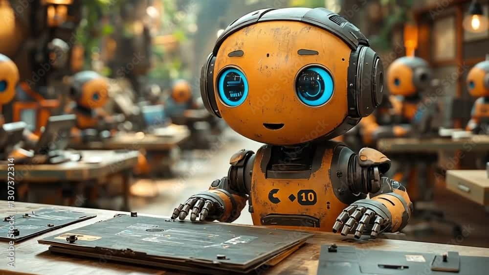 Cute robot working at a table in a futuristic cafe Cute robot working at a table in a futuristic cafe