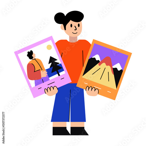 Visual artist holding paintings in both hands, flat illustration