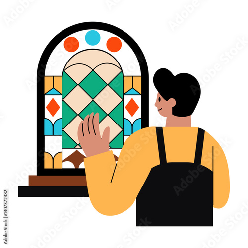 Artist making stained glass art, flat style illustration