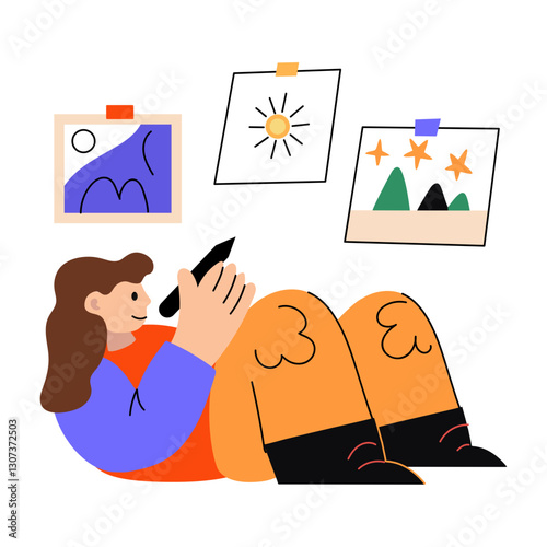 A flat illustration of a creative girl working on painting concepts