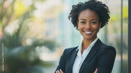 A beautiful smiling woman wearing a black blazer looks content photo