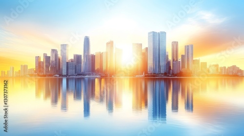 Sunrise City Silhouette - An impressive city skyline silhouette at sunrise, perfect for backgrounds or city-themed projects. Quiet and serene