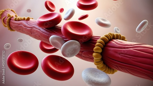 Red and White Blood Cells in Bloodstream with Fat Deposits