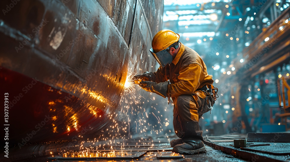 Industrial Welder at Work in a Metal Fabrication Factory Industrial Welder at Work in a Metal Fabrication Factory
