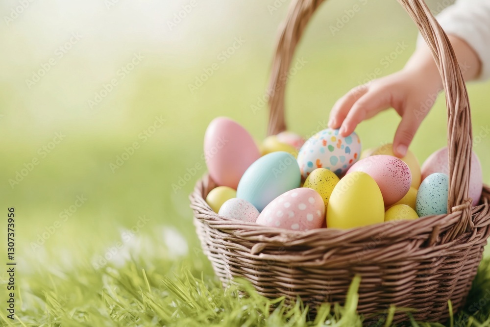 Colorful Easter eggs in a wicker basket invite little hands to discover in a vibrant spring meadow surrounded by fresh grass Colorful Easter eggs in a wicker basket invite little hands to discover in a vibrant spring meadow surrounded by fresh grass