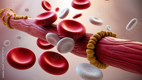 Red and White Blood Cells in Bloodstream with Fat Deposits
