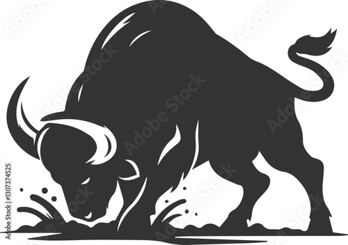 Buffalo digging the ground with its hoof, preparing to attack animal vector silhouette