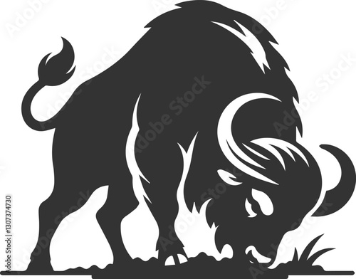 Buffalo digging the ground with its hoof, preparing to attack animal vector silhouette