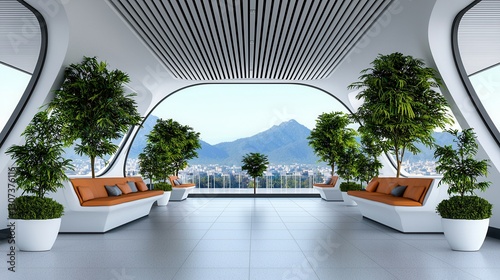 Modern Interior Design of Minimalist Lounge with Greenery and Scenic View