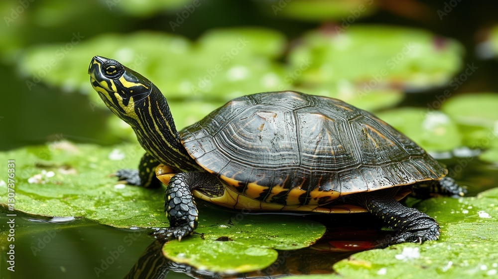 Yellow-bellied slider turtle basking on a lily pad. Yellow-bellied slider turtle basking on a lily pad.