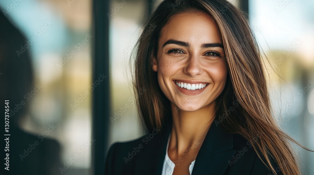 A smiling young woman in a professional black blazer A smiling young woman in a professional black blazer