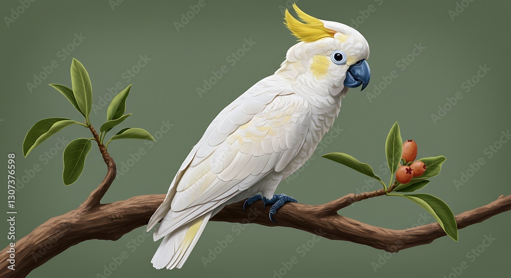 Photorealistic sulphur-crested cockatoo, perched on branch, vibrant yellow crest, detailed white feathers, tropical foliage background, red berries, soft lighting, sharp focus, nature photography, wil Photorealistic sulphur-crested cockatoo, perched on branch, vibrant yellow crest, detailed white feathers, tropical foliage background, red berries, soft lighting, sharp focus, nature photography, wil