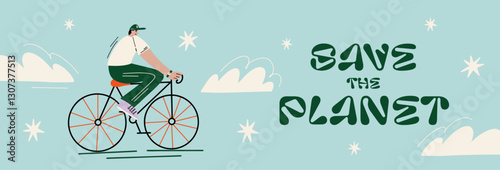 Save the planet, Happy international earth day 22 april social media banner design concept with male cartoon character ridding bicycle vector illustration in groovy funky style