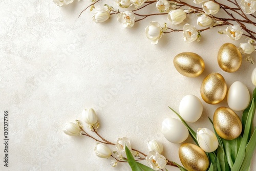 Elegant Gold And White Easter Eggs Nestled Amongst Delicate White Blossoms And Tulips On A Creamy Textured Background photo