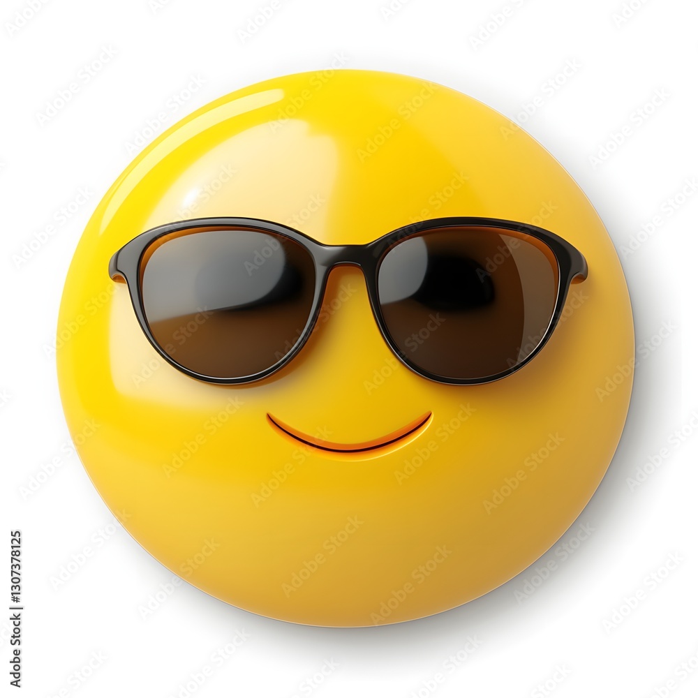 A digitally rendered yellow emoji with a carved smile and dark sunglasses. The emoji casts a shadow on a white background, creating depth. The lighting is bright and even.