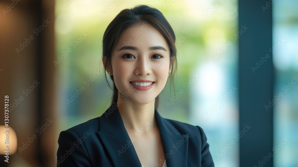 A professional woman is smiling in a friendly and inviting manner A professional woman is smiling in a friendly and inviting manner