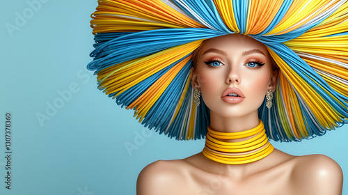 High-fashion portrait of a glamorous woman wearing an avant-garde hat and accessories made of colorful cables, symbolizing creativity, innovation, and futuristic elegance, perfect for editorial and lu