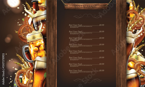 Beer restaurant menu design in the wooden frame. High detailed realistic illustration.