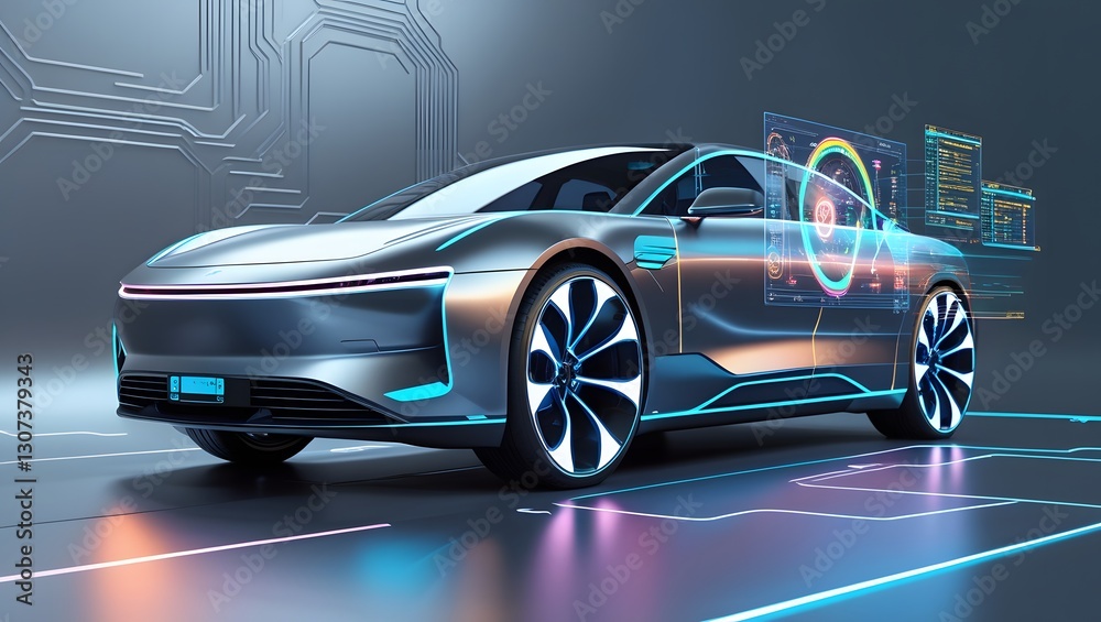 Naklejka premium Future Car Software Technology. Self-Driving Car, Autonomous Vehicle, Driverless Car, Robo-Car.