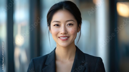 Beautiful asian woman in professional attire smiles directly at camera
