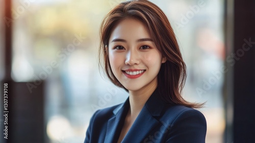 An attractive young woman poses smiling confidently for portrait