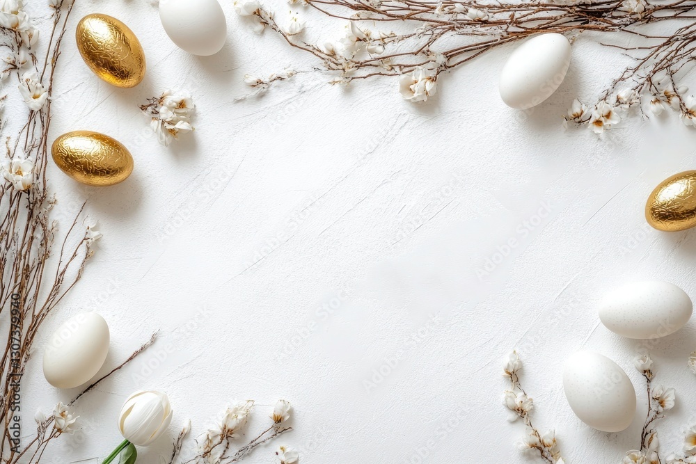 Obraz premium Elegant Golden And White Easter Eggs Nestled Amongst Delicate Spring Blossoms On A Pristine White Background Creating A Festive And Hopeful Atmosphere
