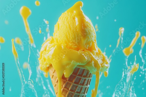 Bright yellow melting ice cream cone with splash background photo