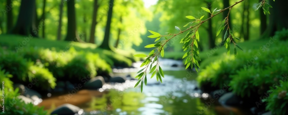 Naklejka premium A delicate willow branch stretches across a serene forest stream, Tree, Willow, Nature