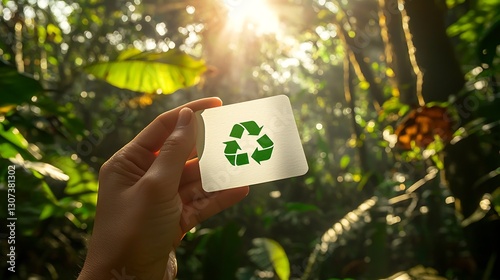 Hand holds recycle symbol in lush forest photo