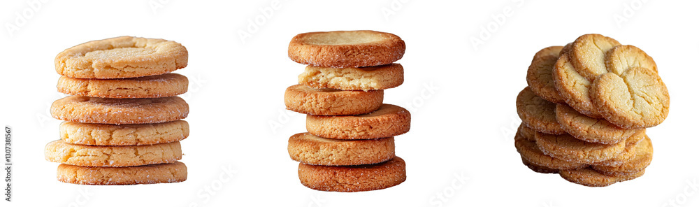 A pile of Breton-style shortbread biscuits with butter, accompanied by a cup of tea and pastry, is shown in close-up, isolated on white A pile of Breton-style shortbread biscuits with butter, accompanied by a cup of tea and pastry, is shown in close-up, isolated on white