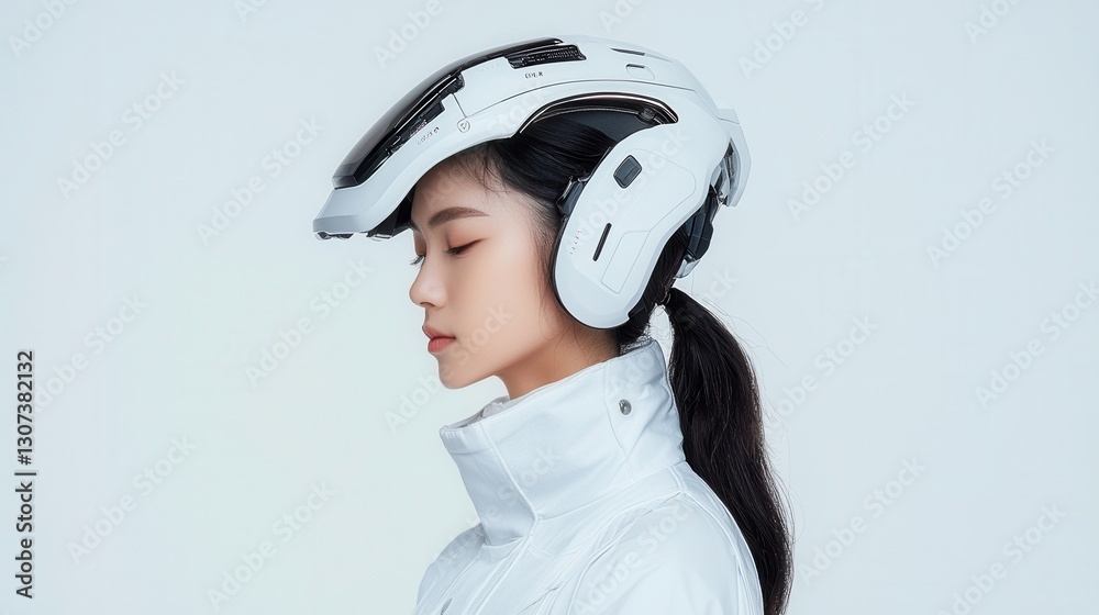 Futuristic Woman with High-Tech Headset in Modern Fashion Displaying Innovation Futuristic Woman with High-Tech Headset in Modern Fashion Displaying Innovation